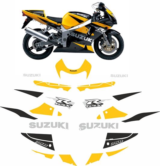 thumbnail interactive-video image 1 of Suzuki GSX-R 600/750/1000/1300 Decal Stickers - Gold On Carbon Look, Pair (s12) 1 of 2