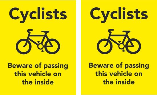 Picture of Cyclists Beware of passing this Vehicle on the inside Decals / Stickers