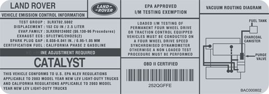 Picture of Land Rover Freelander 1 US Emissions label Decal / Sticker