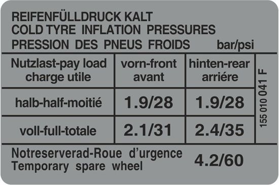 Picture of MK1 Golf Cabriolet Tyre Pressure replacement Decal / Sticker