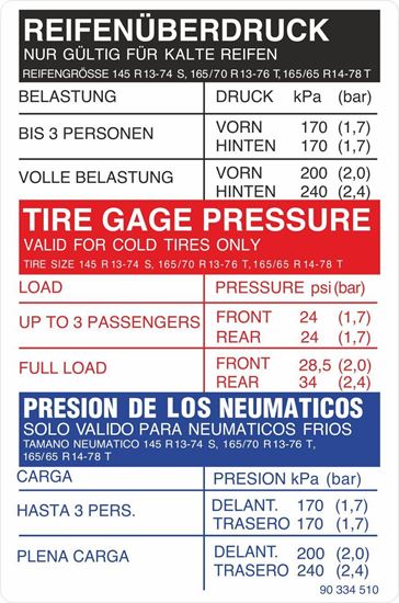Picture of Vauxhall Nova replacement Tire Pressure Decal / Sticker