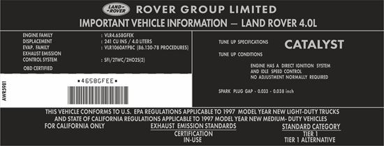 Picture of Land Rover Discovery 1997 NAS V8 4.0 Identification Decal / Sticker