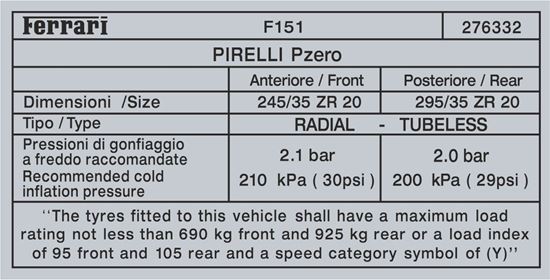 Picture of Ferrari FF replacement Tyre Pressure Decal / Sticker