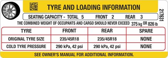 Picture of Tesla Model 3 replacement 18" Tyre information Decal / Sticker