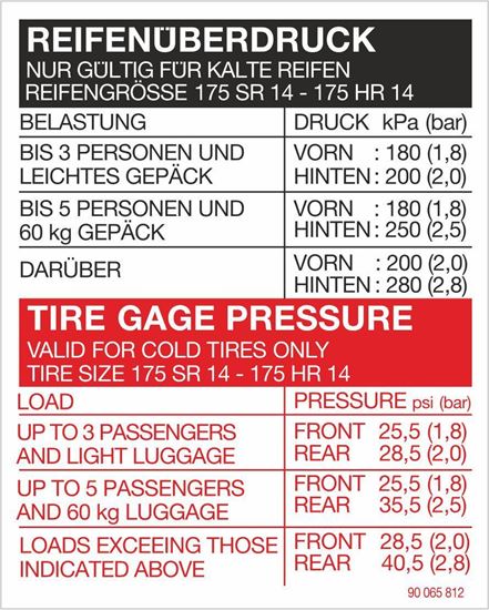 Picture of Opel Manta B replacement Tire Pressure Decal / Sticker