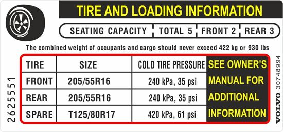 Picture of Volvo V70 Tire Pressure and Loading Capacity replacement Decal / Sticker