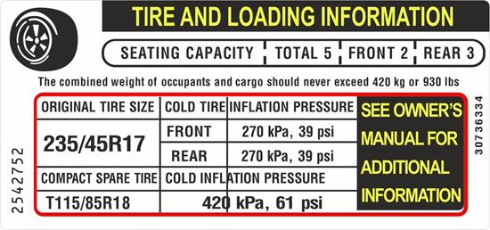 Picture of Volvo V70R Tire Pressure and Loading Capacity replacement Decal / Sticker