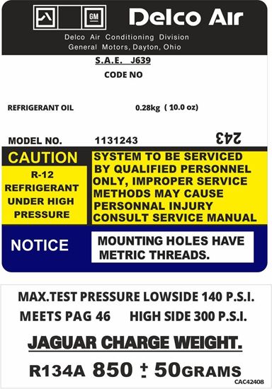 Picture of Jaguar XJS Delco Henderson A/C - R134A  Instruction replacement Decals / Stickers