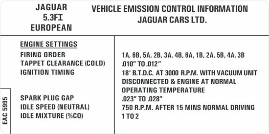 Picture of Jaguar XJS Emissions Control Information replacement Decal / Sticker