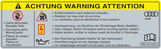 Picture of Audi A8 / S8 Warning Hot Engine Parts replacement Decal / Sticker