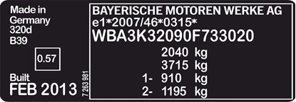 Picture of BMW 3 Series F30 / F31 replacement VIN Decal / Sticker