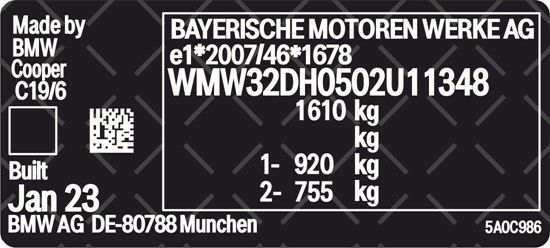 Picture of Mini F55  / F56 / F57 / F60 Countryman VIN Decal / Sticker