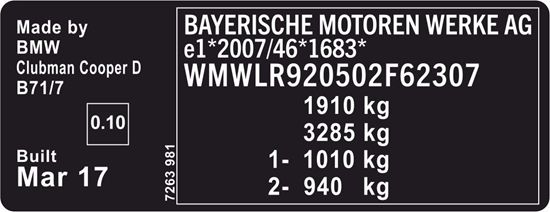 Picture of Mini F54 Clubman 2015 - 2024 VIN Decal / Sticker