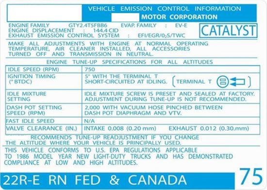 Picture of Mini Truck 1986 22RE replacement emission Control Decal / Sticker