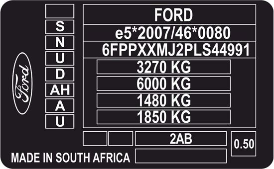 Picture of Ford Ranger replacement VIN (South Africa) Decal / Sticker