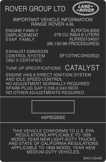 Picture of Range Rover Classic Exhaust Emmision replacement Decal / Sticker