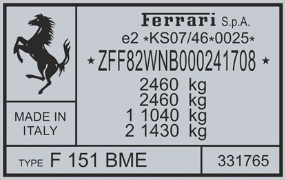 Picture of Ferrari GTC4 Lusso replacement VIN Decal / Sticker