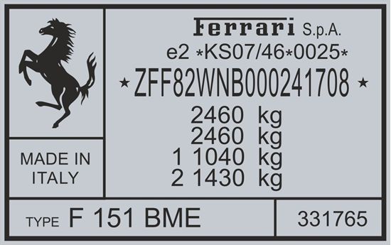 Picture of Ferrari GTC4 Lusso replacement VIN Decal / Sticker