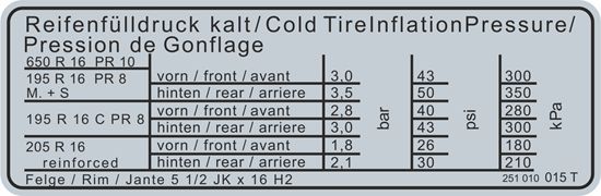 Picture of T3 & T3 Syncro 16" Tyre Inflation replacement Decal / Sticker