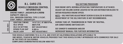 Picture of Jaguar XJ6 4.2 EAC-3931 1981 Emissions Decal  / Sticker
