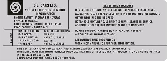 Picture of Jaguar XJ6 4.2 EAC-3931 1981 Emissions Decal  / Sticker