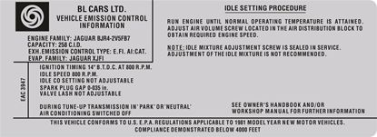 Picture of Jaguar XJ6 4.2 EAC-3947 1981 Emissions Decal  / Sticker