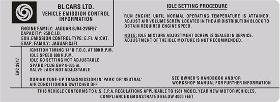Picture of Jaguar XJ6 4.2 EAC-3947 1981 Emissions Decal  / Sticker