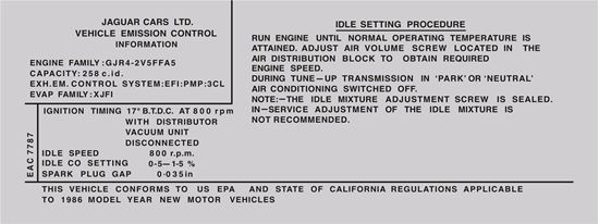 Picture of Jaguar XJ6 EAC-7787 1986 Emissions Decal  / Sticker