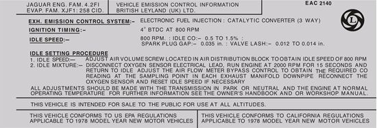 Picture of Jaguar XJ6 NEW EAC-2140 1978 Emissions Decal  / Sticker