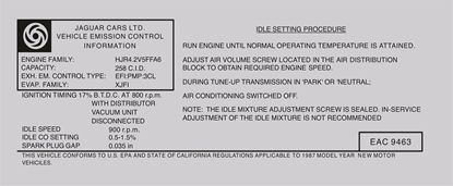 Picture of Jaguar XJ6 NEW EAC-9463 1987 Emissions Decal  / Sticker