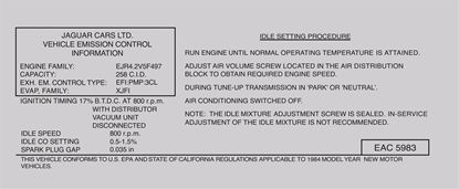 Picture of Jaguar XJ6 NEW EAC-5983 1984 Emissions Decal  / Sticker