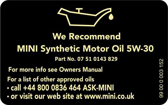 Picture of Mini R series Recomended Synthetic Motor Oil 5W-30 Decal / Sticker