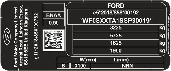 Picture of Ford Transit Custom 2023 onwards replacement VIN Decal / Sticker