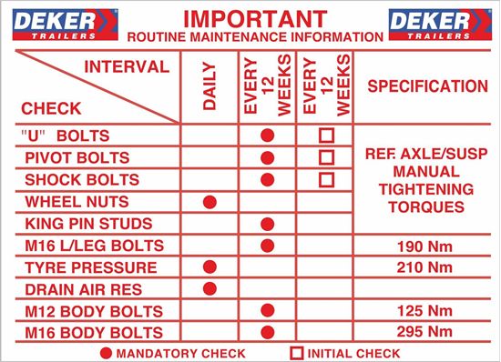 Picture of Deker Trailers replacement Routine Maintenance Information Decal / Sticker