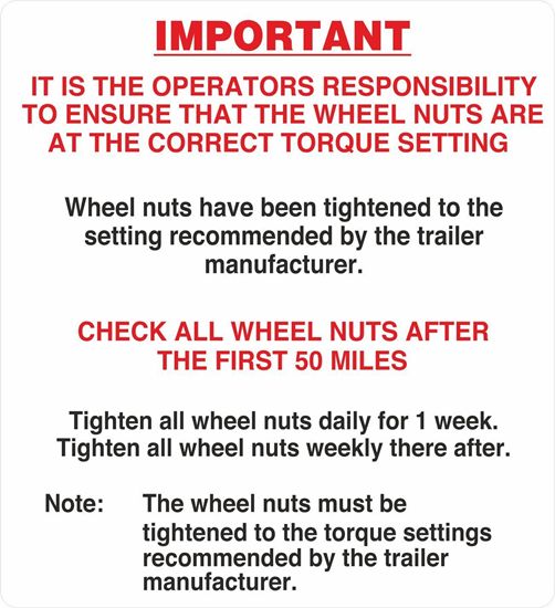 Picture of Deker Trailers replacement Routine Wheel Nut Torque Maintenance  Decal / Sticker
