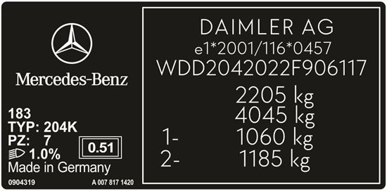 Picture of Mercedes C Class W204 replacement VIN Decal / Sticker