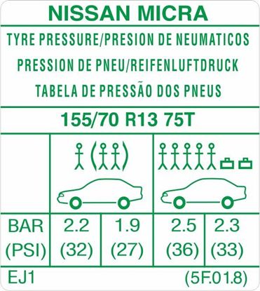 Picture of Nissan Micra K11 1995 - 1997 replacement Tire Pressure Decal / Sticker