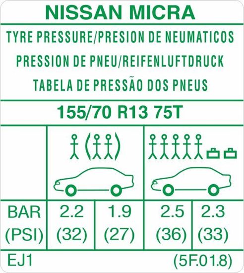 Picture of Nissan Micra K11 1995 - 1997 replacement Tire Pressure Decal / Sticker