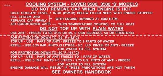 Picture of Rover P6 3500/3500S Cooling System Information replacement Decal / Sticker - copy