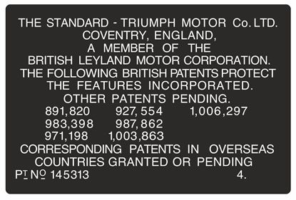 Picture of Triumph Spitfire, GT6, Herald etc - upto 1968 Patents Decal / Sticker