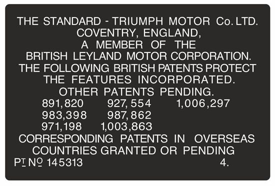 Picture of Triumph Spitfire, GT6, Herald etc - upto 1968 Patents Decal / Sticker