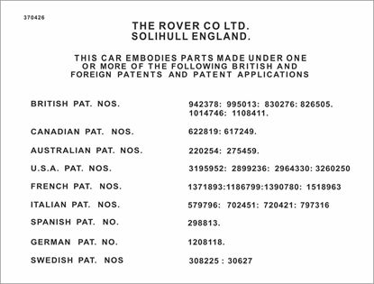 Picture of Rover P5 & P6 Patents replacement Decal / Sticker