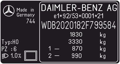 Picture of Mercedes C Class W202 later model replacement VIN Decal / Sticker