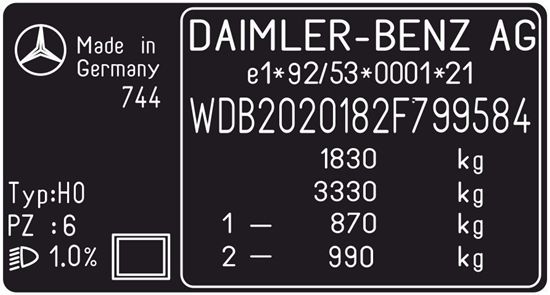 Picture of Mercedes C Class W202 later model replacement VIN Decal / Sticker