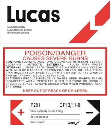 Picture of BMC: Lucas Battery Labels for Austin, Austin Healey, BL, Jaguar, MG, Mini, Morris, Riley, Rover