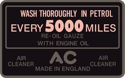 Picture of AC Oil Bath Air Cleaner Warning label for Triumph TR3 & TR4