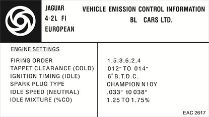 Picture of Jaguar 4.2 Litre Emissions Control Information replacement Decal / Sticker