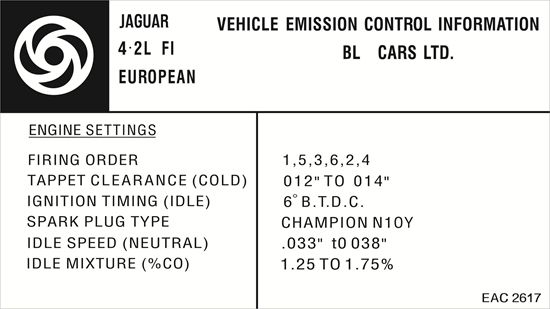 Picture of Jaguar 4.2 Litre Emissions Control Information replacement Decal / Sticker