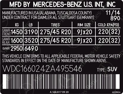 Picture of Mercedes W166 ML35 USA replacement VIN Decal / Sticker