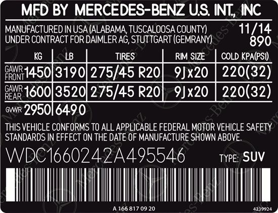 Picture of Mercedes W166 ML35 USA replacement VIN Decal / Sticker